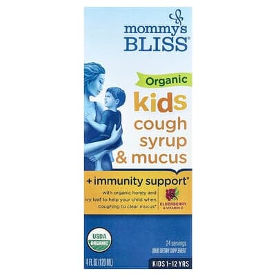 Mommy's Bliss, Organic Kids Cough Syrup & Mucus + Immunity Support, 1-12 Yrs, Elderberry, 4 fl oz (120 ml)