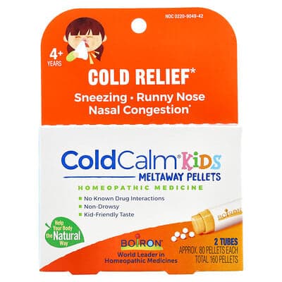 Boiron, ColdCalm® Kids Meltaway Pellets, 4+ Years, 2 Tubes, Approx. 80 Pellets Each