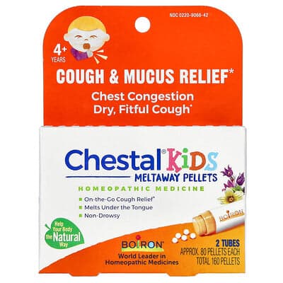 Boiron, Chestal Kids Meltaway Pellets, Cough & Mucus Relief, 4+ Years, 2 Tubes, Approx. 80 Pellets Each